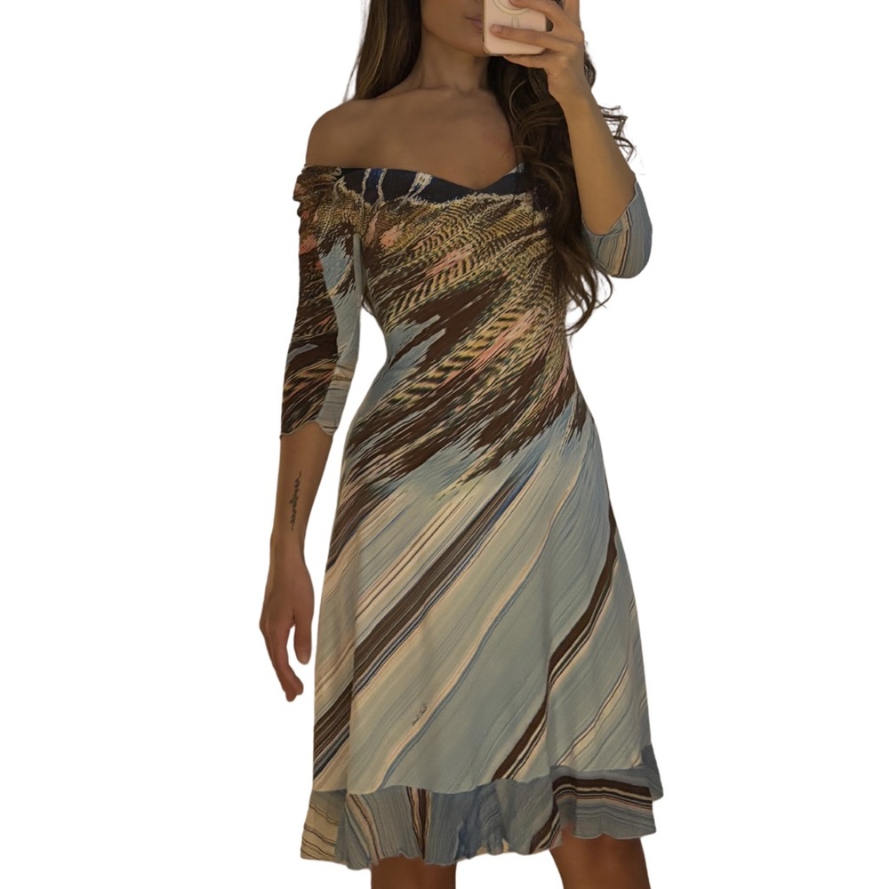 Roberto Cavalli SS2004 Feather Print Silk Trim Dress